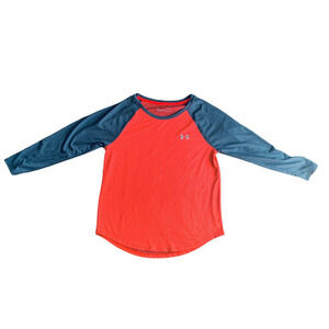 Under Armour Men's Size Large Baseball Shirt Orange Grey Raglan Tee Long Sleeve
